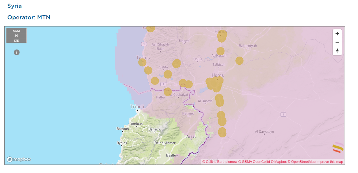 تغطية شركة "إم تي إن" السورية وتداخلها في الحدود اللبنانية. (الصورة من GSMA)